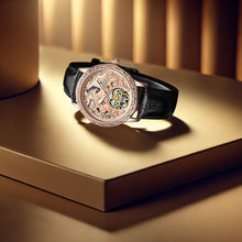 Load image into Gallery viewer, Men's Mechanical Watch with Glowing Dial & Rose Golden/Black Faux Leather Strap - Automatic Winding, Engraved Bezel, Luminous Hands, Vintage Luxury Watch for Men, Durable & Precise Timepiece, Ideal Gift