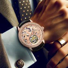 Load image into Gallery viewer, Men's Mechanical Watch with Glowing Dial & Rose Golden/Black Faux Leather Strap - Automatic Winding, Engraved Bezel, Luminous Hands, Vintage Luxury Watch for Men, Durable & Precise Timepiece, Ideal Gift