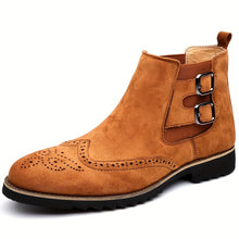 Load image into Gallery viewer, Men's High-Top Chelsea Boots with Brogue Detailing - Fashionable & Business-Oriented, Solid Color Elastic Band Slip-On Shoes with Double Buckle, Round Toe PU-Lined Fabric Upper with Rubber Sole.