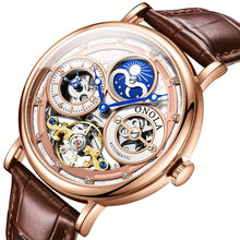 Load image into Gallery viewer, Men's Automatic Mechanical Watch, Moon Phase Dual Time Zone Display, Hollowed Out Tourbillon Business Watch, Suitable for Daily And Business Activities, Perfect Gift Choice for Fathers, Family, And Elders, Without Battery