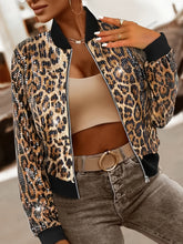 Load image into Gallery viewer, Chic Leopard Print Sequin Bomber Jacket for Women - Elegant Zip-Up with Ribbed Cuffs, Stand Collar, Machine Washable.