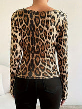 Load image into Gallery viewer, Elegant Leopard Print Asymmetrical Shoulder T-Shirt for Women - Long Sleeve, Stretchy Polyester Blend, Machine Washable