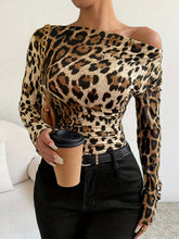 Load image into Gallery viewer, Elegant Leopard Print Asymmetrical Shoulder T-Shirt for Women - Long Sleeve, Stretchy Polyester Blend, Machine Washable