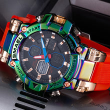 Load image into Gallery viewer, Men's Mechanical Sports Watch - Dual Display Dial with Stopwatch, Alarm, Date/Calendar, Auto Winding Movement - Green to Red Gradient Dial, Golden-Tone Case & Silicone-like Strap - for Gym, Outdoor, Everyday - Ideal Gift for