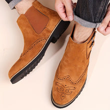 Load image into Gallery viewer, Men's High-Top Chelsea Boots with Brogue Detailing - Fashionable & Business-Oriented, Solid Color Elastic Band Slip-On Shoes with Double Buckle, Round Toe PU-Lined Fabric Upper with Rubber Sole.