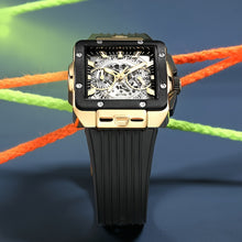 Load image into Gallery viewer, Men's Sports Watch - Hands, Large Square Black & Orange Dial, Date/Stopwatch Functionality, Quartz Movement, Rubber Strap