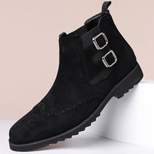 Load image into Gallery viewer, Men's High-Top Chelsea Boots with Brogue Detailing - Fashionable & Business-Oriented, Solid Color Elastic Band Slip-On Shoes with Double Buckle, Round Toe PU-Lined Fabric Upper with Rubber Sole.