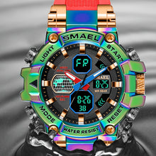 Load image into Gallery viewer, Men's Mechanical Sports Watch - Dual Display Dial with Stopwatch, Alarm, Date/Calendar, Auto Winding Movement - Green to Red Gradient Dial, Golden-Tone Case & Silicone-like Strap - for Gym, Outdoor, Everyday - Ideal Gift for