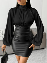 Load image into Gallery viewer, Elegant Women'S Patchwork Mini Dress with Pleated Detail, Long Sleeve, Stand Collar, and Side Zipper - Chic Two-Tone Business Casual Attire, All-Season Wear