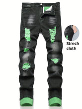 Load image into Gallery viewer, Men's Casual Straight Leg Ripped Jeans - Stretch Blend, Green Stitching, Distressed Denim, Machine Washable, All-Season Wear, Casual Wear Jeans | Rugged Style Pants | Green Accents