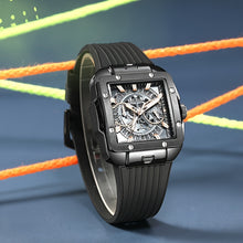 Load image into Gallery viewer, Men's Sports Watch - Hands, Large Square Black & Orange Dial, Date/Stopwatch Functionality, Quartz Movement, Rubber Strap