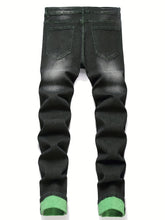 Load image into Gallery viewer, Men's Casual Straight Leg Ripped Jeans - Stretch Blend, Green Stitching, Distressed Denim, Machine Washable, All-Season Wear, Casual Wear Jeans | Rugged Style Pants | Green Accents