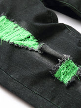 Load image into Gallery viewer, Men's Casual Straight Leg Ripped Jeans - Stretch Blend, Green Stitching, Distressed Denim, Machine Washable, All-Season Wear, Casual Wear Jeans | Rugged Style Pants | Green Accents