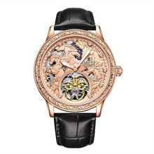 Load image into Gallery viewer, Men's Mechanical Watch with Glowing Dial & Rose Golden/Black Faux Leather Strap - Automatic Winding, Engraved Bezel, Luminous Hands, Vintage Luxury Watch for Men, Durable & Precise Timepiece, Ideal Gift