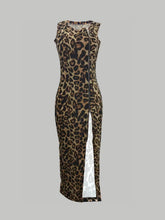 Load image into Gallery viewer, Leopard Print High Split Dress, Sexy Slant Zip Sleeveless Tank Dress, Women's Clothing