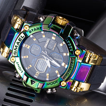 Load image into Gallery viewer, Men's Mechanical Sports Watch - Dual Display Dial with Stopwatch, Alarm, Date/Calendar, Auto Winding Movement - Green to Red Gradient Dial, Golden-Tone Case & Silicone-like Strap - for Gym, Outdoor, Everyday - Ideal Gift for