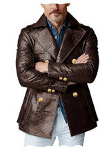 Load image into Gallery viewer, Men's Crocodile Embossed Leather Peacoat Double Breasted Gold Button Jacket Luxury Casual Overcoat