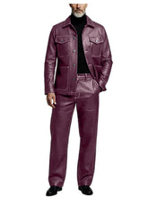 Load image into Gallery viewer, Men's 2 Piece PU Leather Suit Set Multi Pocket Shirt Collar Trucker Jacket Straight Leg Pants