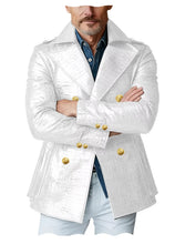 Load image into Gallery viewer, Men's Crocodile Embossed Leather Peacoat Double Breasted Gold Button Jacket Luxury Casual Overcoat