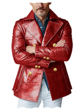 Load image into Gallery viewer, Men's Crocodile Embossed Leather Peacoat Double Breasted Gold Button Jacket Luxury Casual Overcoat