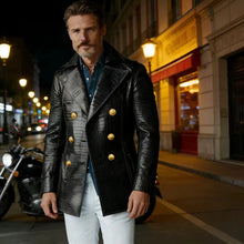 Load image into Gallery viewer, Men's Crocodile Embossed Leather Peacoat Double Breasted Gold Button Jacket Luxury Casual Overcoat