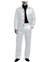 Load image into Gallery viewer, Men's 2 Piece PU Leather Suit Set Multi Pocket Shirt Collar Trucker Jacket Straight Leg Pants