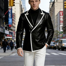 Load image into Gallery viewer, Men's Dress Leather Jacket Double Breasted Contrast Notched Lapel Slim Fit