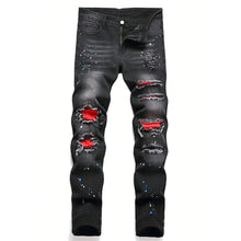 Load image into Gallery viewer, Men's Fashion Ripped Patchwork Hole Straight Black Jeans Slim Fit