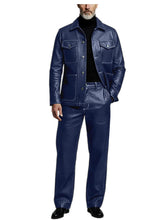 Load image into Gallery viewer, Men's 2 Piece PU Leather Suit Set Multi Pocket Shirt Collar Trucker Jacket Straight Leg Pants