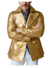 Load image into Gallery viewer, Men's Crocodile Embossed Leather Peacoat Double Breasted Gold Button Jacket Luxury Casual Overcoat