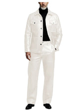 Load image into Gallery viewer, Men's 2 Piece PU Leather Suit Set Multi Pocket Shirt Collar Trucker Jacket Straight Leg Pants