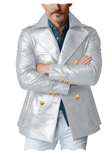 Load image into Gallery viewer, Men's Crocodile Embossed Leather Peacoat Double Breasted Gold Button Jacket Luxury Casual Overcoat