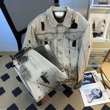 Load image into Gallery viewer, Men's Beading Ripped Jacket Wide Leg Jeans Denim 2 Piece Set