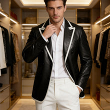 Load image into Gallery viewer, Men's Dress Leather Jacket Double Breasted Contrast Notched Lapel Slim Fit