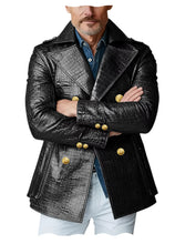 Load image into Gallery viewer, Men's Crocodile Embossed Leather Peacoat Double Breasted Gold Button Jacket Luxury Casual Overcoat