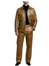Load image into Gallery viewer, Men's 2 Piece PU Leather Suit Set Multi Pocket Shirt Collar Trucker Jacket Straight Leg Pants