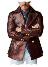 Load image into Gallery viewer, Men's Crocodile Embossed Leather Peacoat Double Breasted Gold Button Jacket Luxury Casual Overcoat