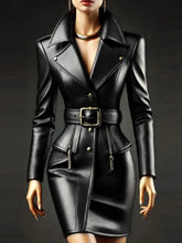 Load image into Gallery viewer, Women PU Leather Dress Lapel Collar Button Long Sleeve with Belt Casual Vintage