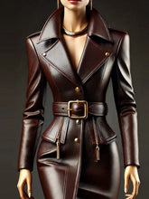 Load image into Gallery viewer, Women PU Leather Dress Lapel Collar Button Long Sleeve with Belt Casual Vintage