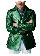 Load image into Gallery viewer, Men's Crocodile Embossed Leather Peacoat Double Breasted Gold Button Jacket Luxury Casual Overcoat