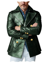 Load image into Gallery viewer, Men's Crocodile Embossed Leather Peacoat Double Breasted Gold Button Jacket Luxury Casual Overcoat