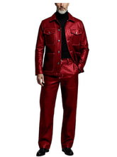 Load image into Gallery viewer, Men's 2 Piece PU Leather Suit Set Multi Pocket Shirt Collar Trucker Jacket Straight Leg Pants
