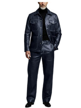 Load image into Gallery viewer, Men's 2 Piece PU Leather Suit Set Multi Pocket Shirt Collar Trucker Jacket Straight Leg Pants
