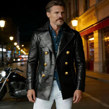 Load image into Gallery viewer, Men's Crocodile Embossed Leather Peacoat Double Breasted Gold Button Jacket Luxury Casual Overcoat