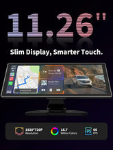 Load image into Gallery viewer, Portable 11.26'' Wireless CarPlay/Android Auto Screen with 2.5D 1920x720 HD Display, Built-in DVR, 4K Front + 1080P Rear Camera