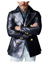 Load image into Gallery viewer, Men's Crocodile Embossed Leather Peacoat Double Breasted Gold Button Jacket Luxury Casual Overcoat