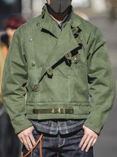 Load image into Gallery viewer, Swedish motorcycle jacket, men's retro military green casual cropped jacket, 100% cotton canvas workwear asymmetric safari style