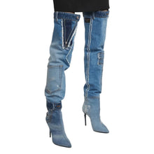 Load image into Gallery viewer, Women's Washed Denim Over-The-Knee Boots