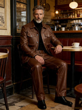 Load image into Gallery viewer, Men's 2 Piece PU Leather Suit Set Multi Pocket Shirt Collar Trucker Jacket Straight Leg Pants