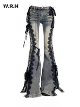 Load image into Gallery viewer, Retro Eyelets Lace Up Flare Jeans Stitch Lace Whiskers Low Rise Split Bootcut